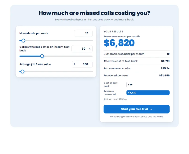 Missed call text-back calculator in the Split layout, estimating revenue lost to unanswered calls