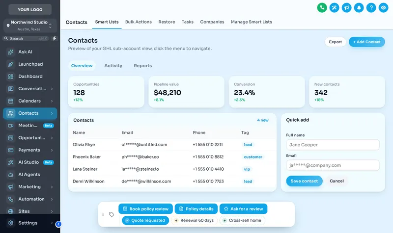 Contact actions bar on a GoHighLevel contact record with quote, renewal and cross-sell quick tags