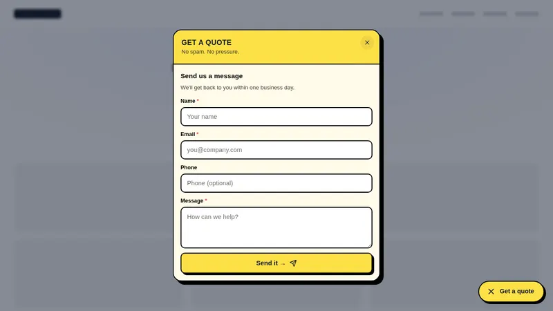 Bold quote request floating widget opened as a form on an agency website