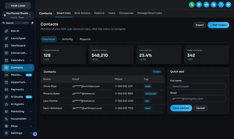 GoHighLevel in dark mode: Alpine Glass theme with the Studio Gradient UI kit switched to dark