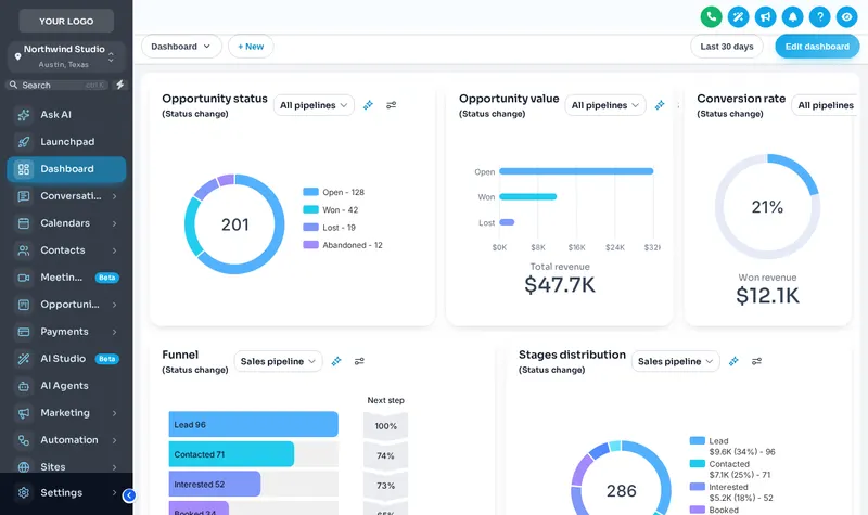 GoHighLevel dashboard restyled with the Alpine Glass theme and the Studio Gradient UI kit