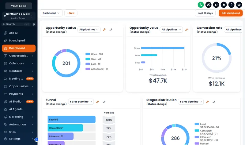 Midnight Ember GHL theme: dark navy sidebar with orange accents on the GoHighLevel dashboard