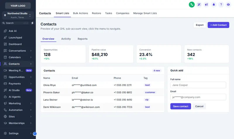 Slate Corporate GHL theme: neutral slate sidebar with indigo accents on the GoHighLevel contacts page